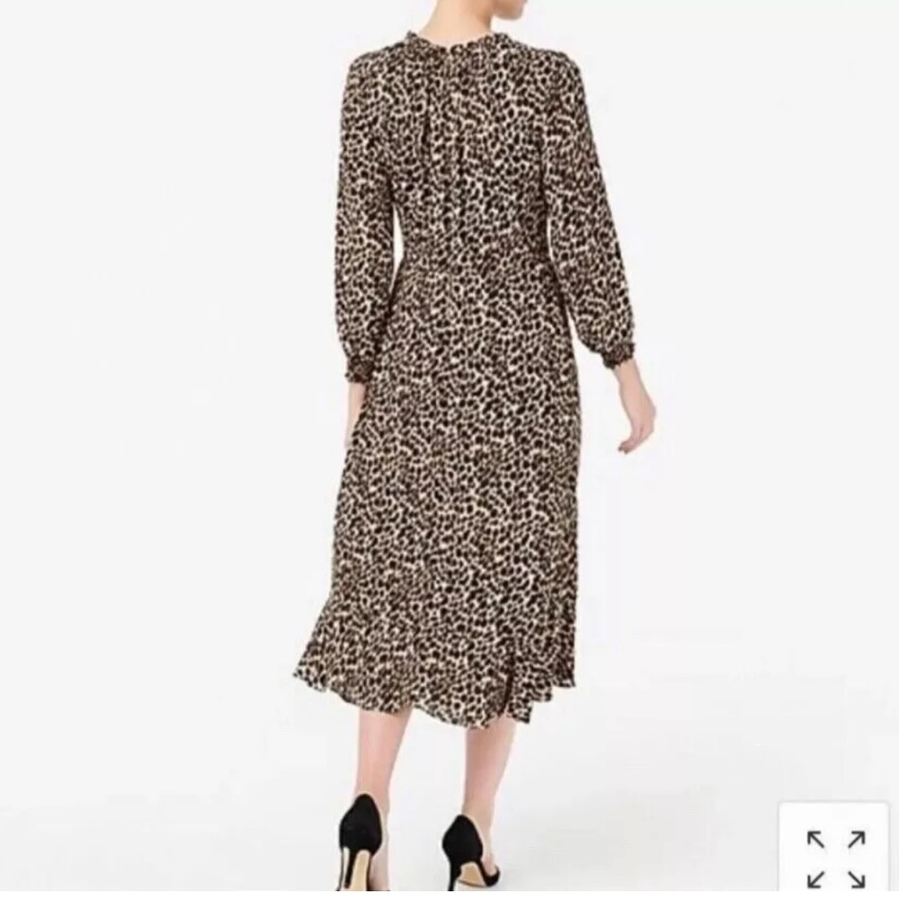 J.Crew Factory Ruffle Neck Peasant Dress Animal Leopard Print Midi Dress Size 6 - Picture 2 of 15
